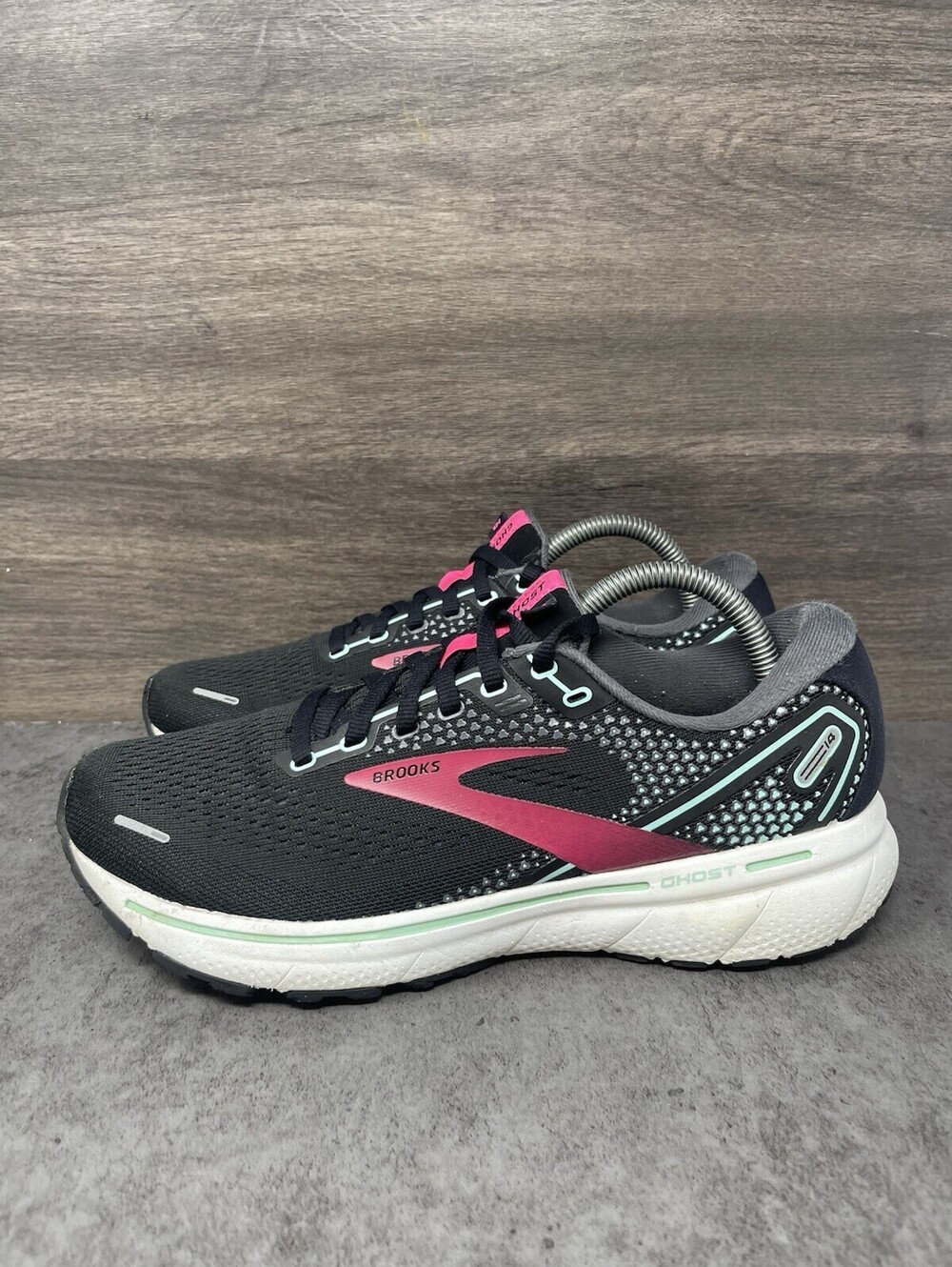 Brooks Ghost 14 Size 9.5 Womens Black Pink Mint DNA LOFT Road Running Shoes B